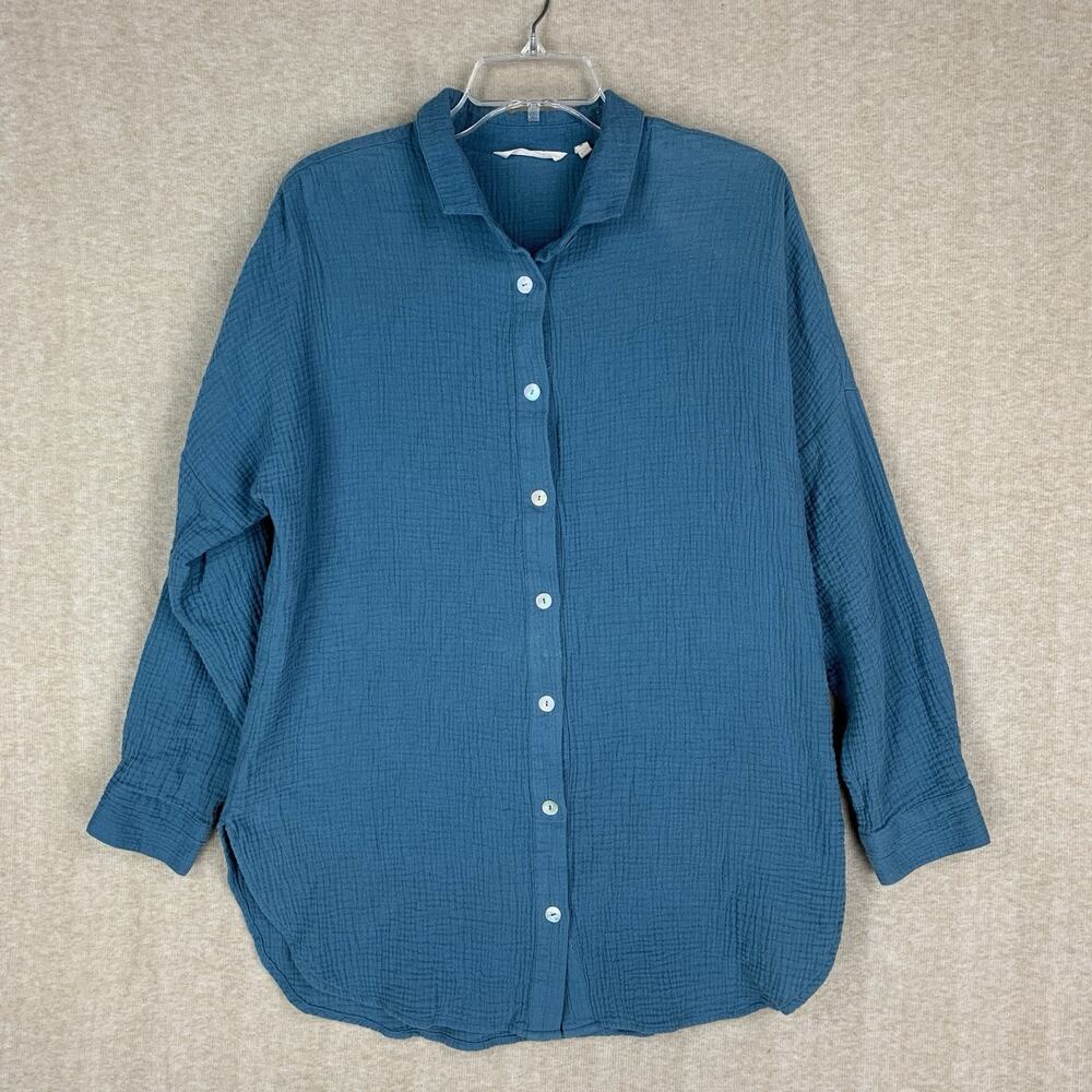 Soft Surroundings Button Tunic Size Medium Blue Long Sleeve Crinkle 100% Cotton
